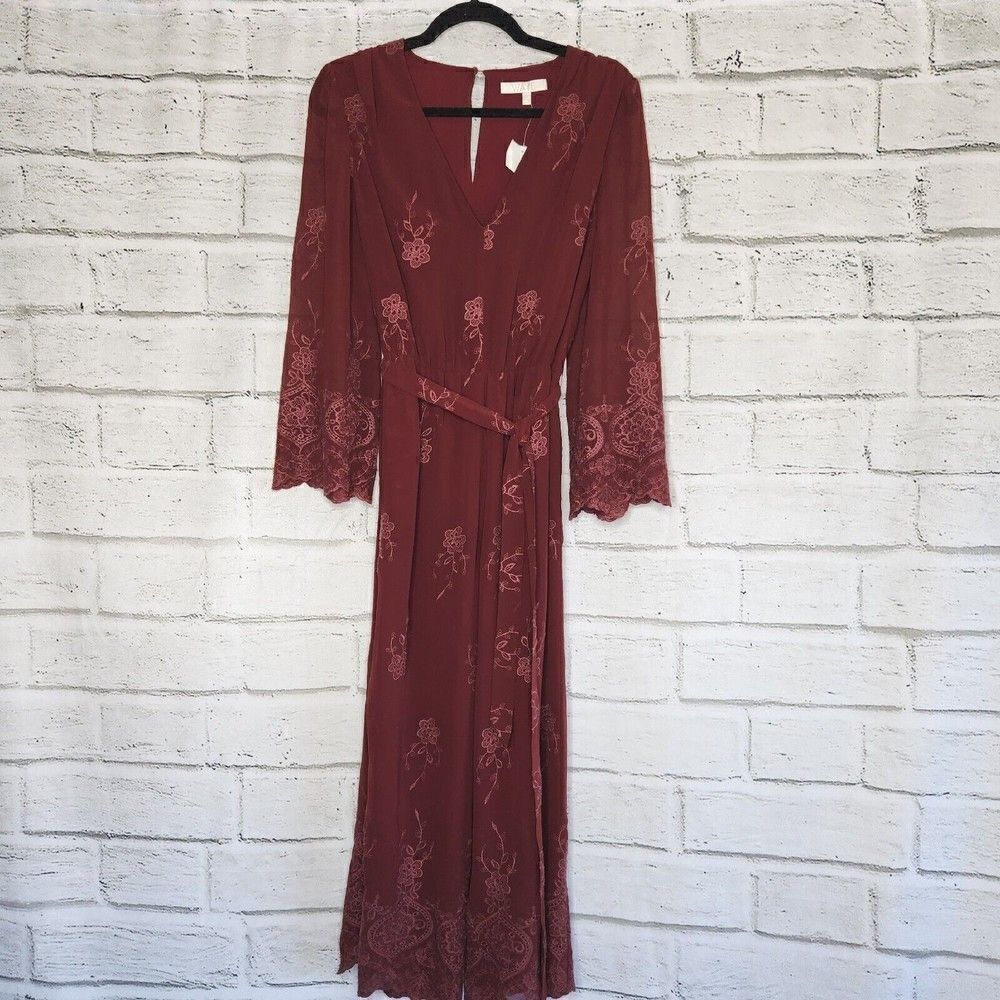 Wayf Women's Red Burgundy Floral Long-Sleeved Jumpsuit Romper Size XS
